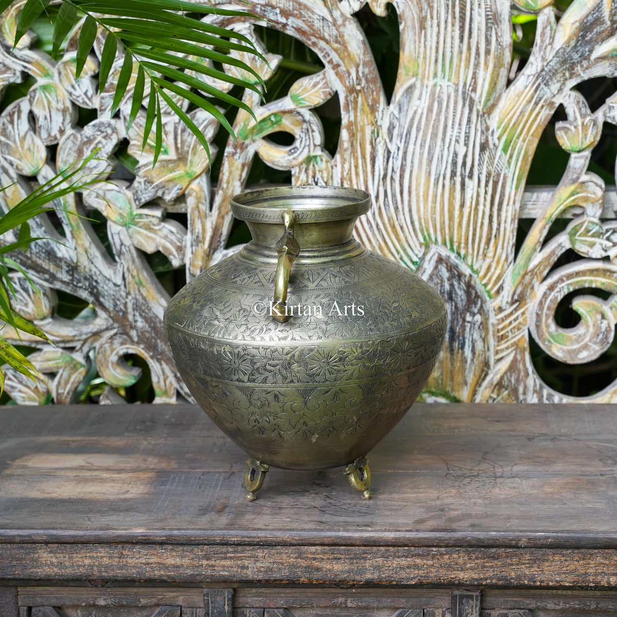 Brass Vintage Carved Amphora Planter with Peacock Handles 12"