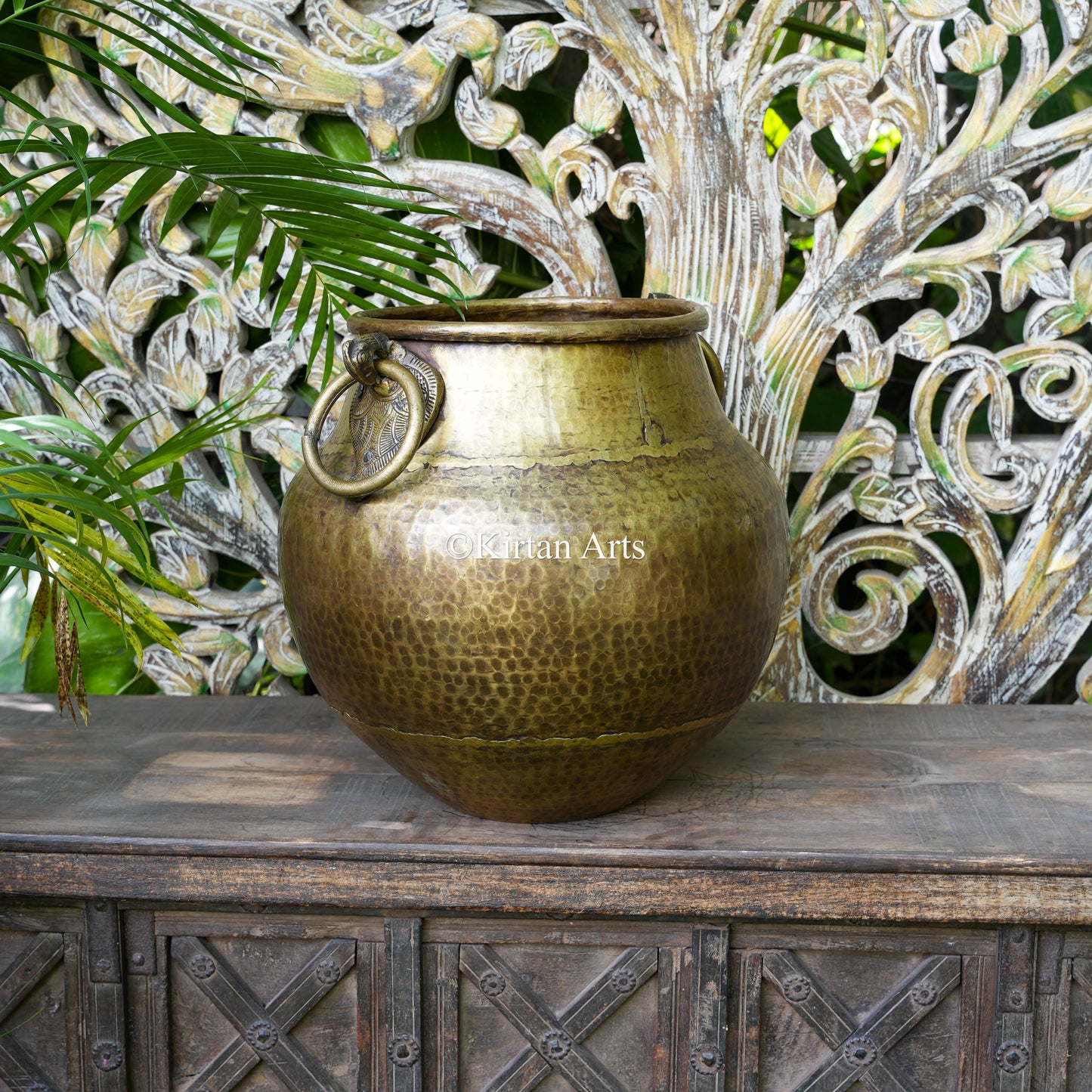 Handcrafted Hammered Brass Pot with Ring Handles 16"