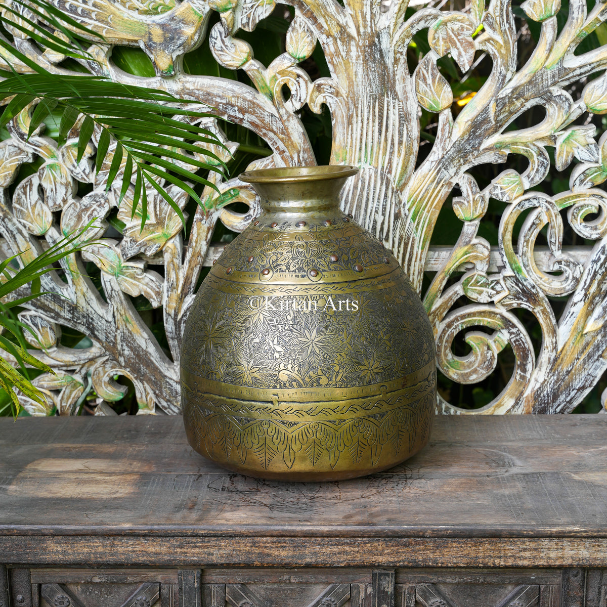 Brass Vintage Carved Beehive Planter with Copper Rivets