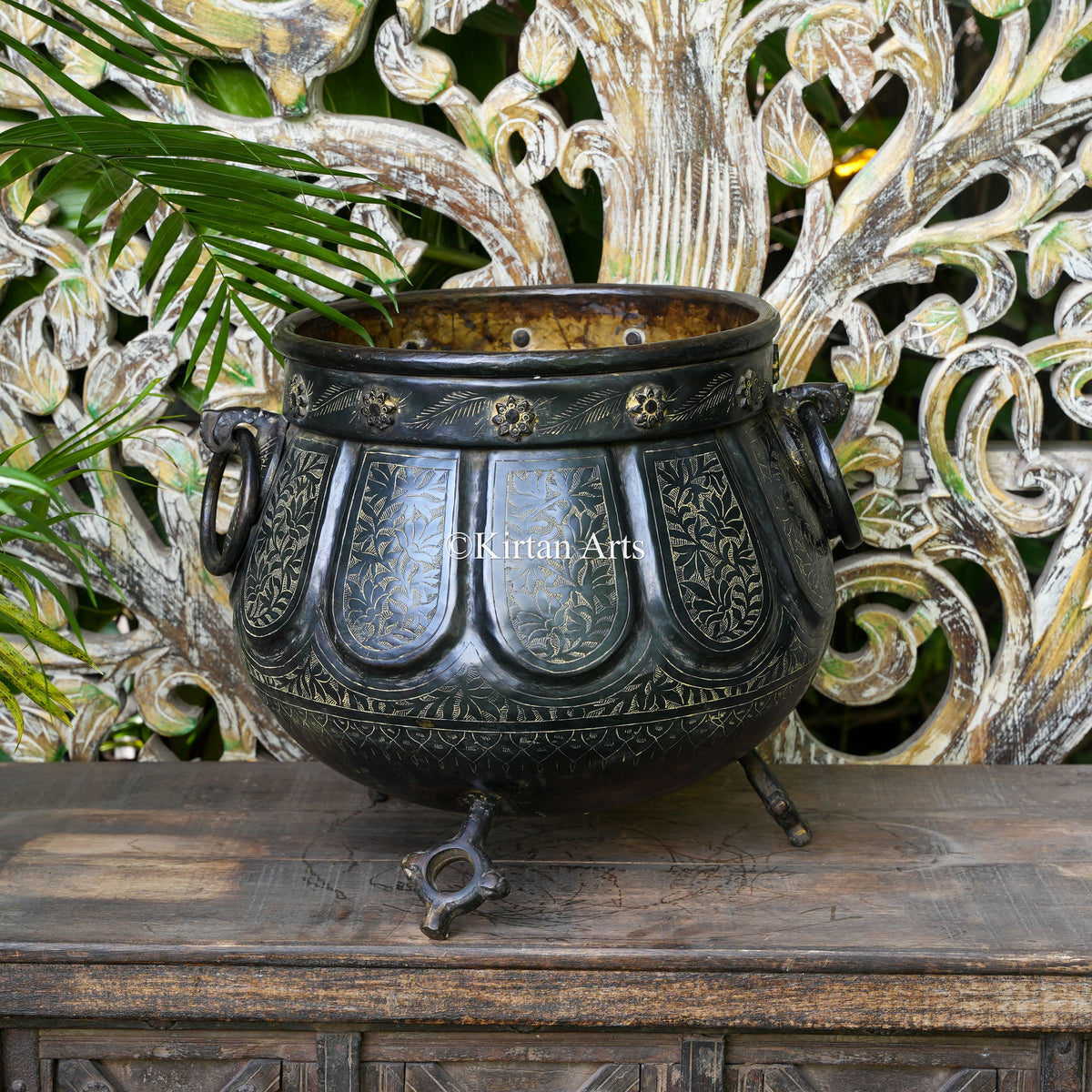 Antique Brass Lobed Planter with Ring Handles 14.5"