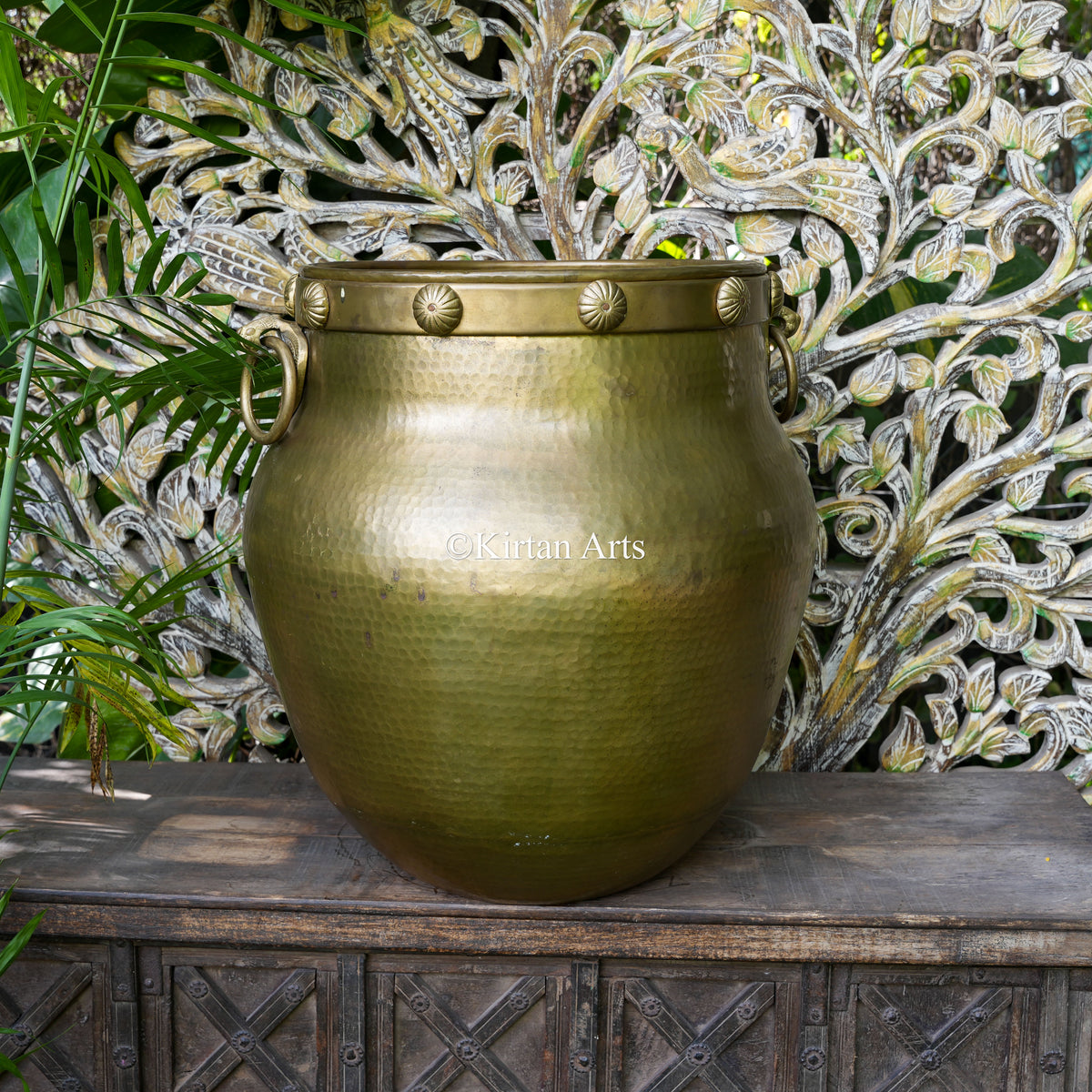Large Hammered Brass Planter with Rosette Rim and Ring Handles 24"