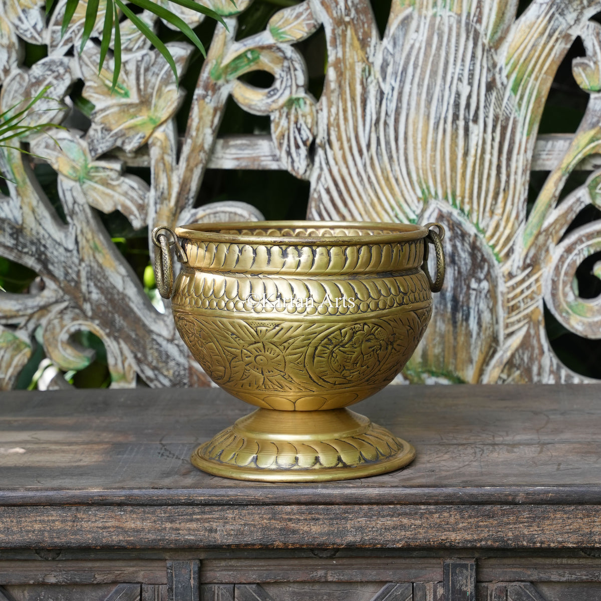 Brass Vintage Carved Pedestal Bowl Planter 8" | Lightweight