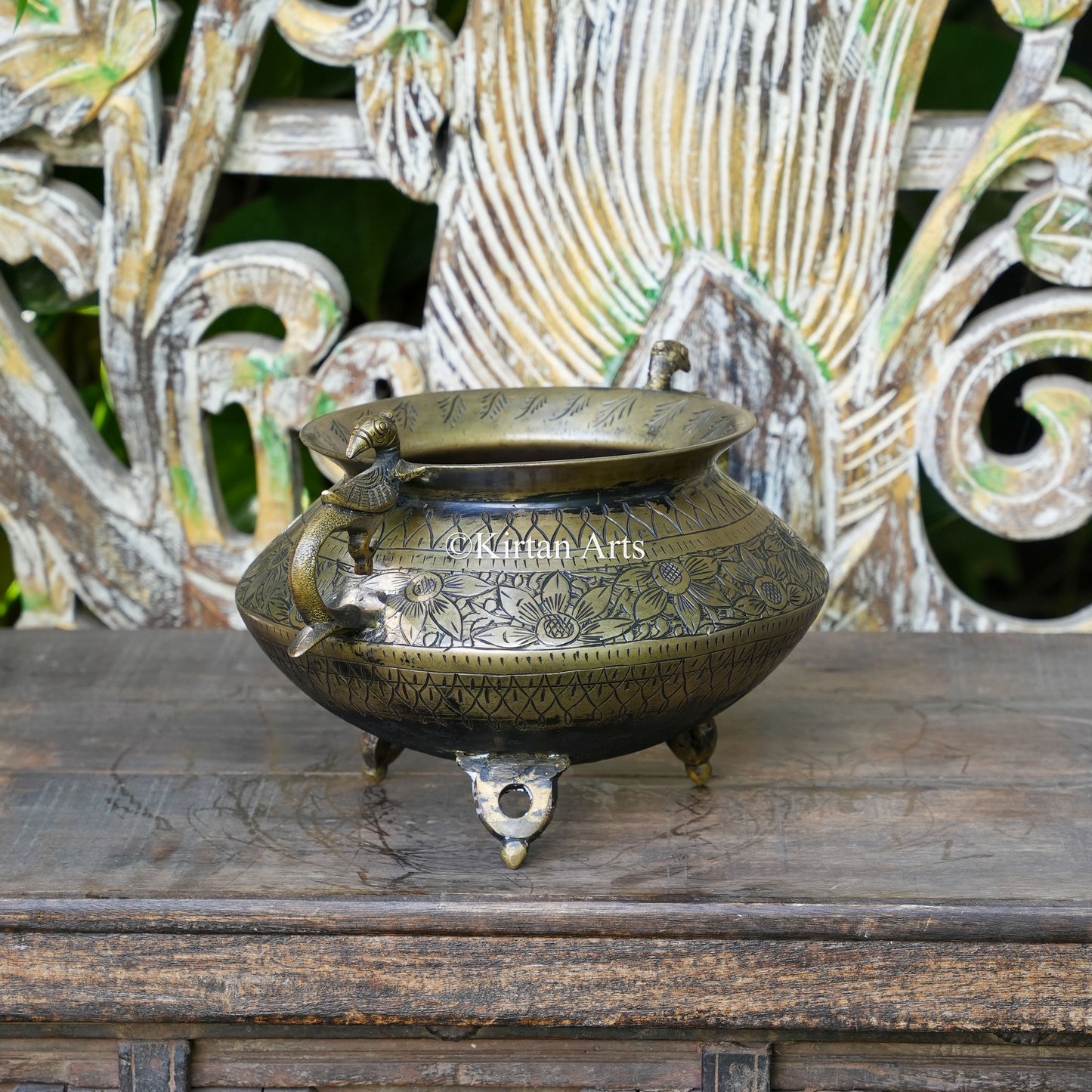 Brass Vintage Carved Bowl Planter with Peacock Handles 7"