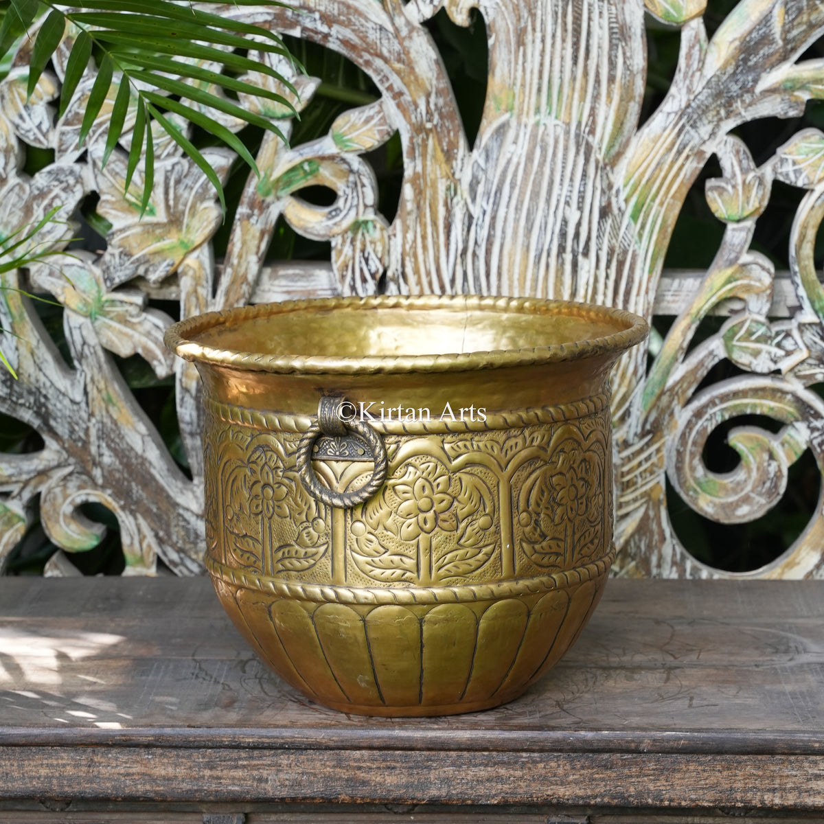 Embossed Brass Pot with Floral Arch Panels 10" | Lightweight
