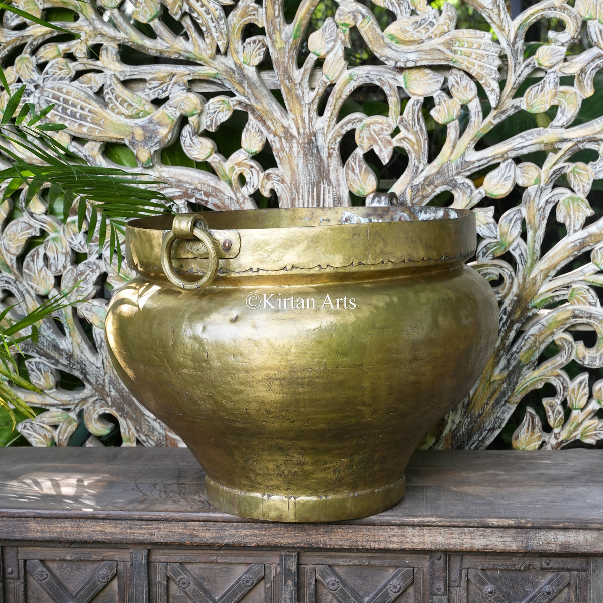 Large Antique Brass Tapered Bowl Planter with Ring Handles 18"