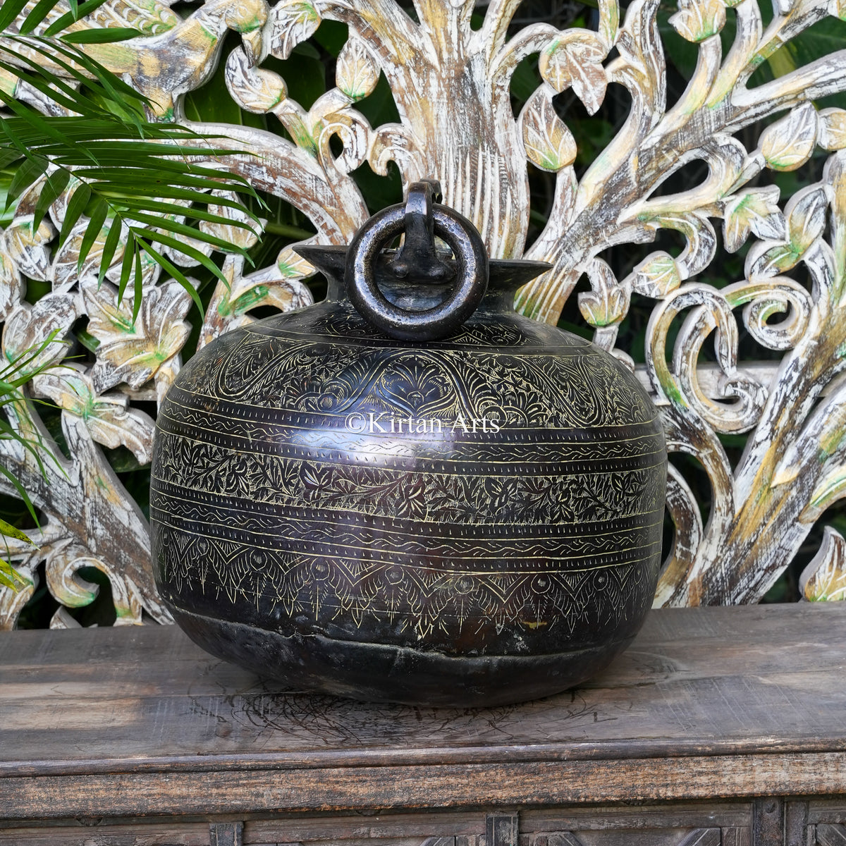 Dark Patina Brass Pot with Engraved Scrollwork and Ring Handles 19"