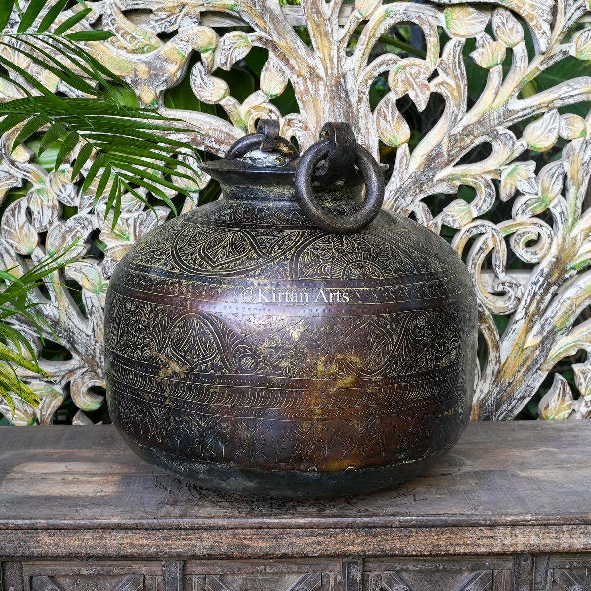 Dark Patina Brass Pot with Engraved Scrollwork and Ring Handles 20"