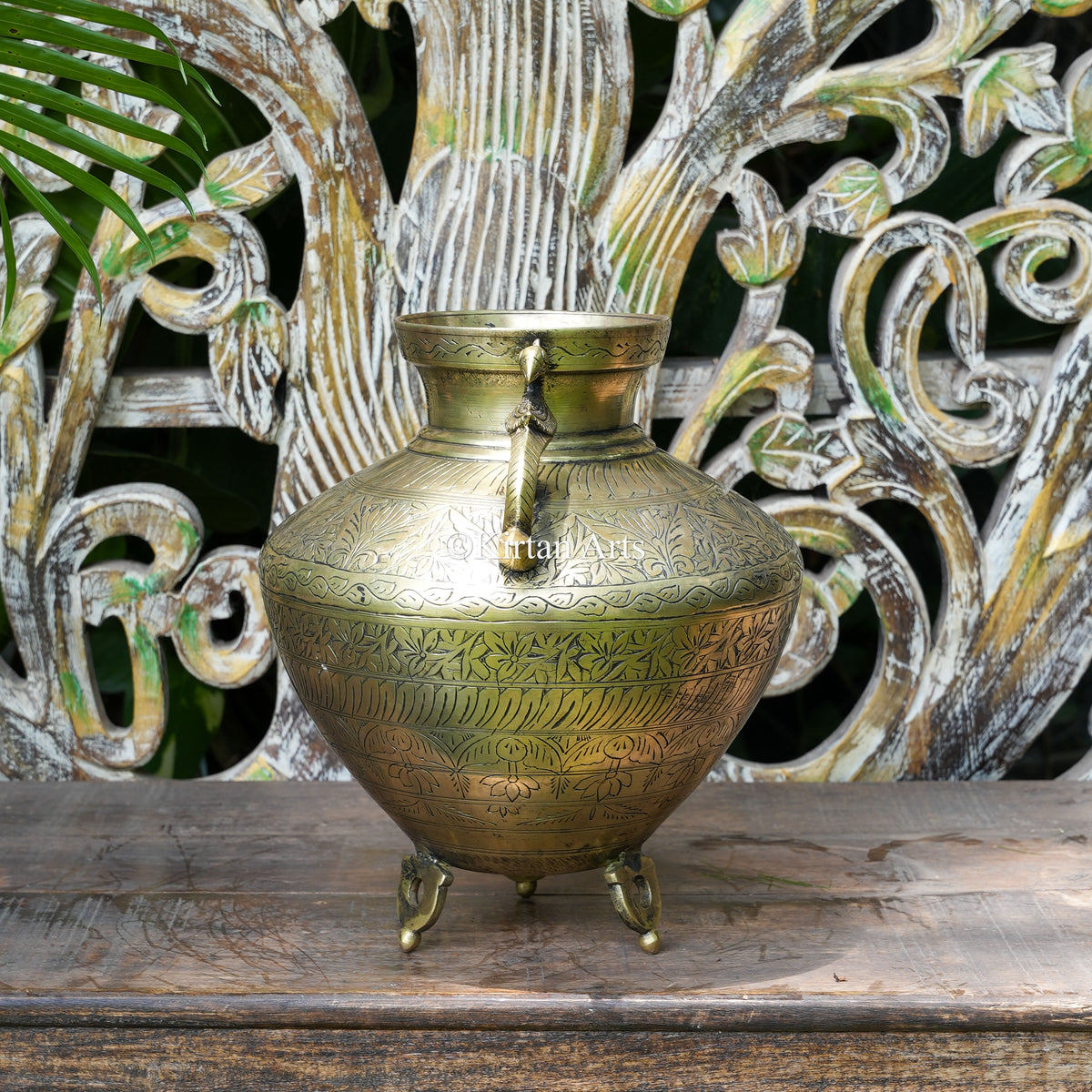 Hand-Engraved Brass Tapered Pot with Peacock Handles 12"