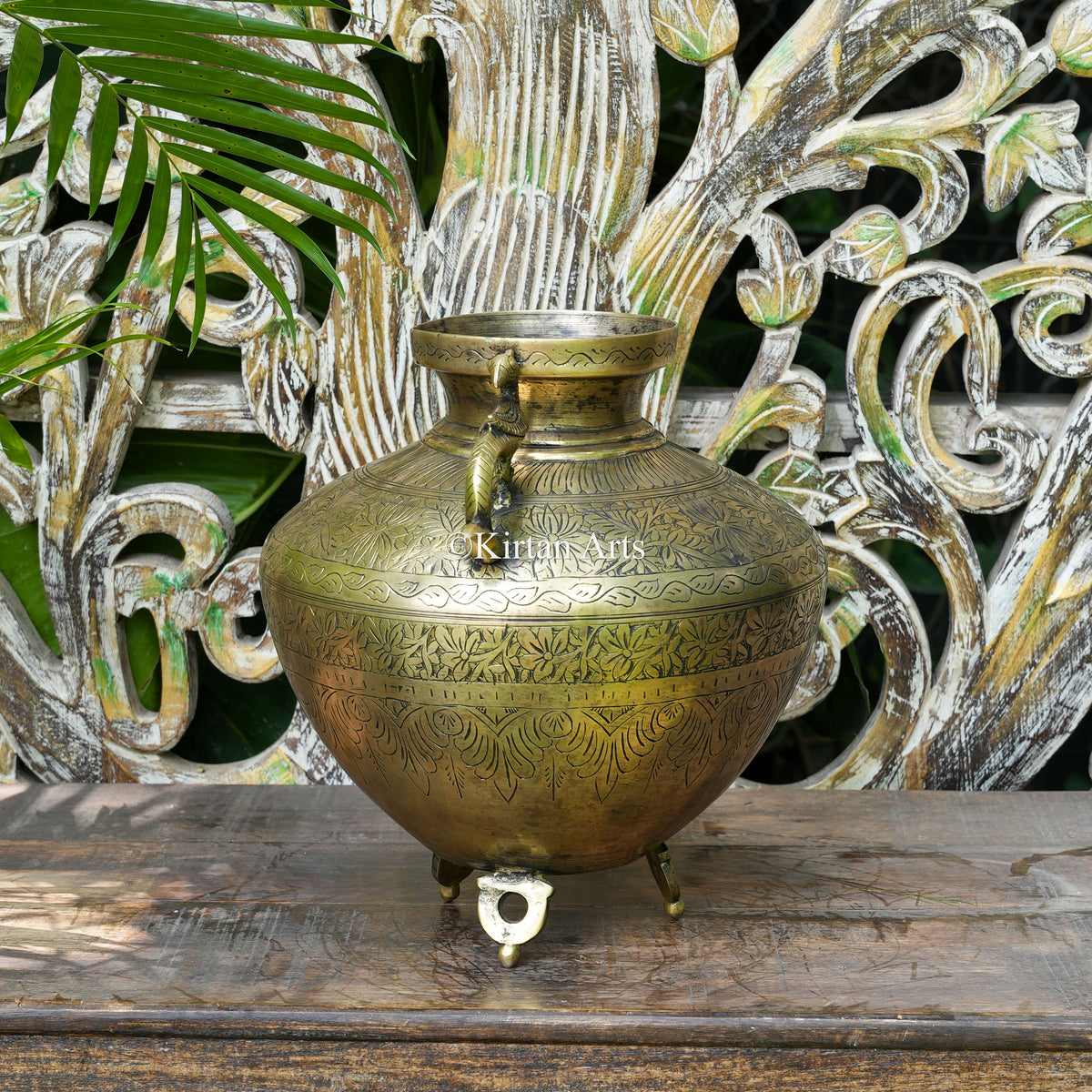Hand-Engraved Brass Planter with Peacock Handles 12.5"