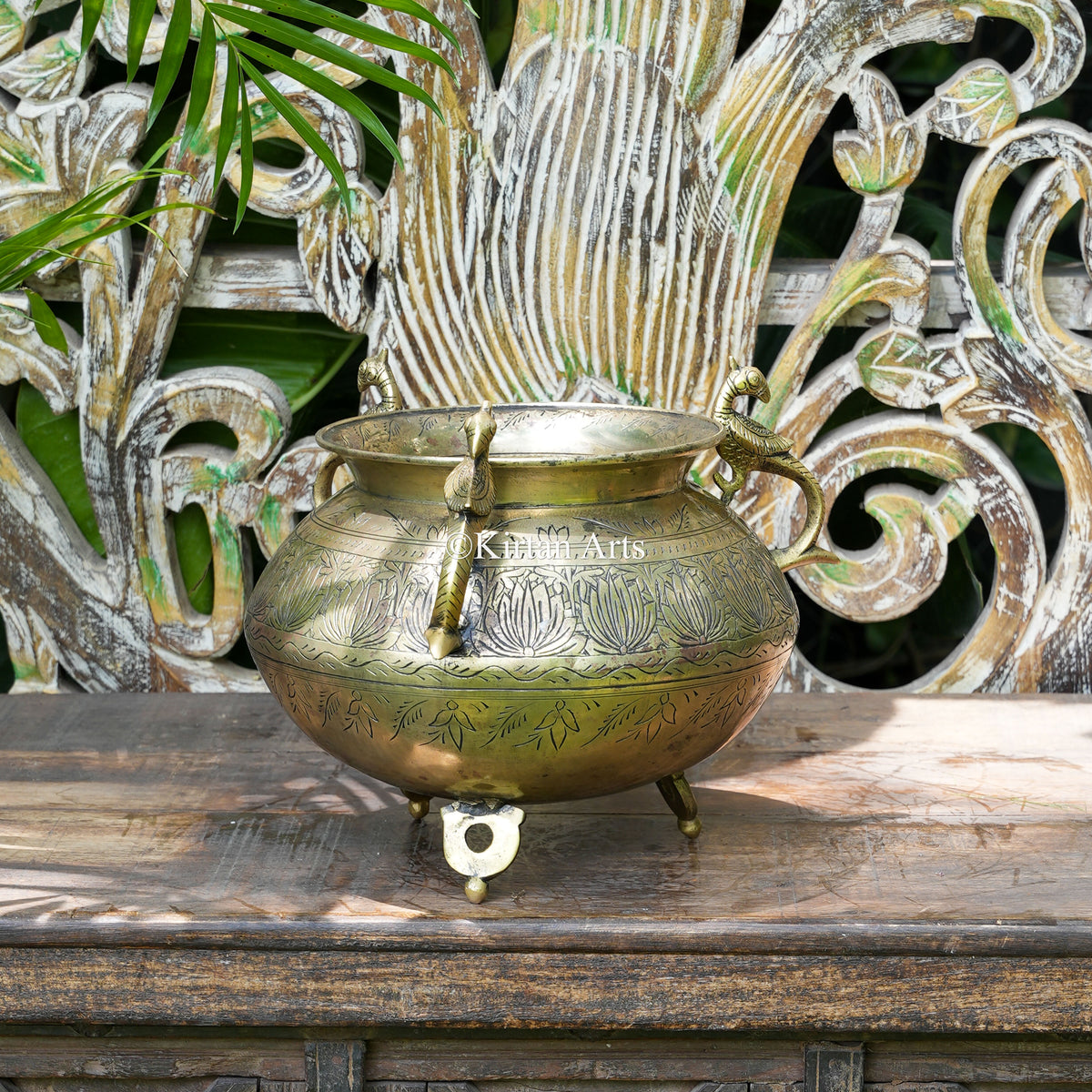Hand-Engraved Brass Cauldron Pot with Peacock Handles 9"