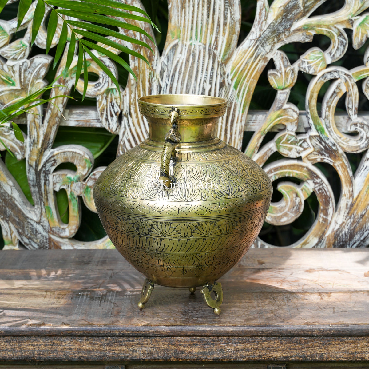 Hand-Engraved Brass Pot with Peacock Handles 12"