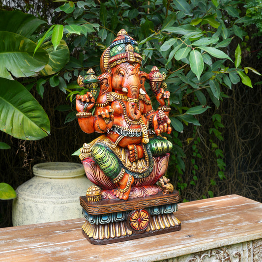 24" Hand-Painted Vagai Wood Ganesha in Warm Coral Tone