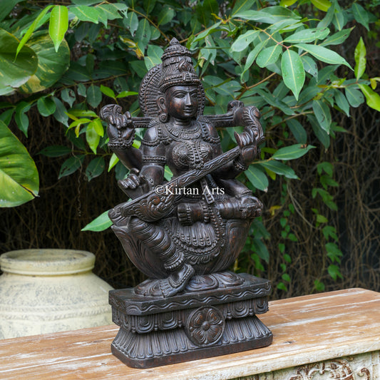 24" Hand-Carved Vagai Wood Goddess Saraswati Sculpture