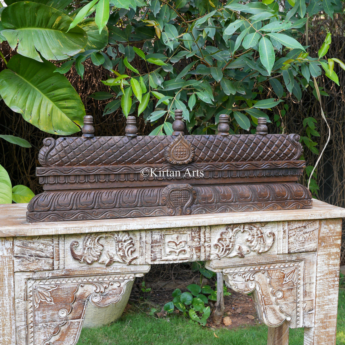 36" Hand-Carved Temple Gopuram Crest with 5 Kalasam Spires (Antique Finish)