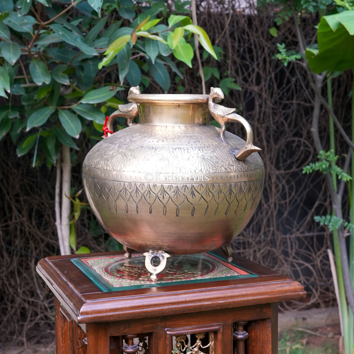 Brass Lotus-Engraved Planter with Peacock Handles 10"