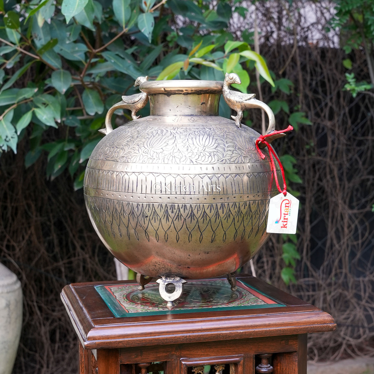 Vintage Brass Lotus-Engraved Planter 11"