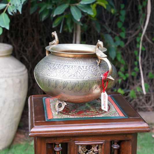 Vintage Carved Brass Planter | Wide Rim