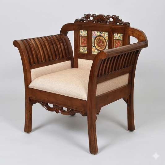 Alpa Premium Teakwood Single Sofa – Handcrafted with Dhokra Brass & Madhubani | Walnut Finish