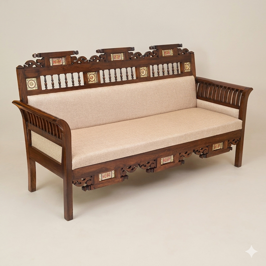 Maharaja Three-Seater Premium Teakwood Sofa – Handcrafted with Dhokra Brass & Madhubani Accents
