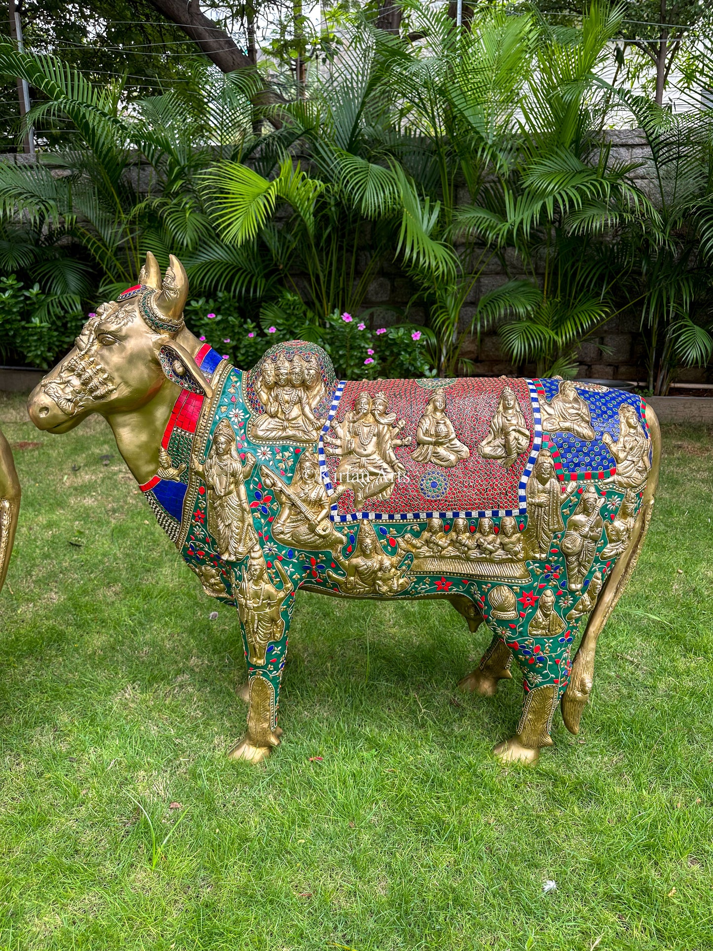 Brass Kamadhenu Cow and Calf | Meenakari work | 3ft