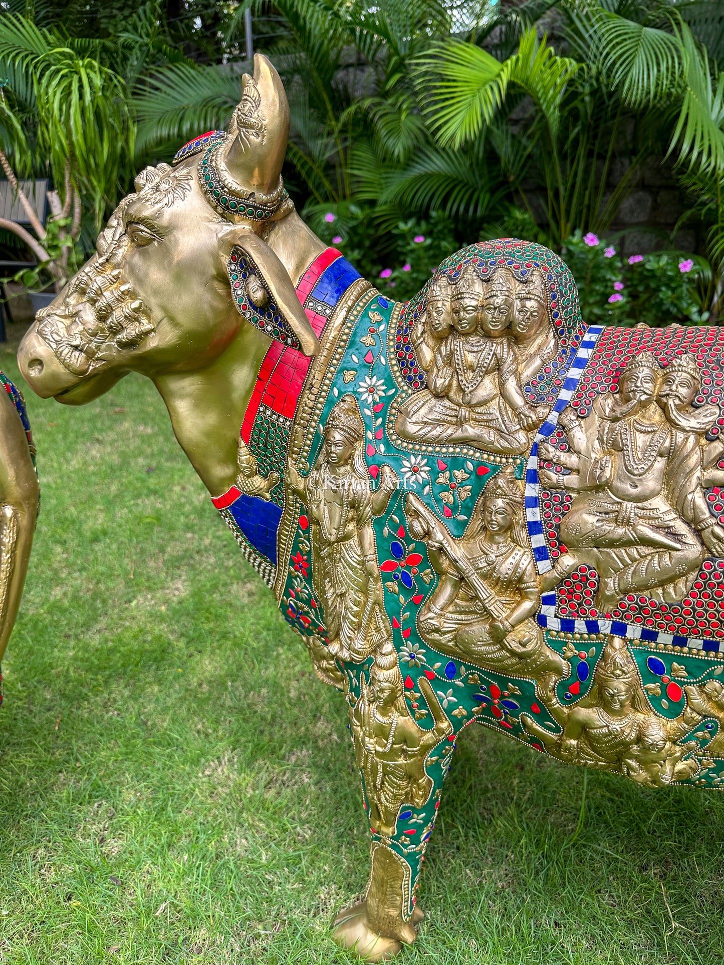 Brass Kamadhenu Cow and Calf | Meenakari work | 3ft