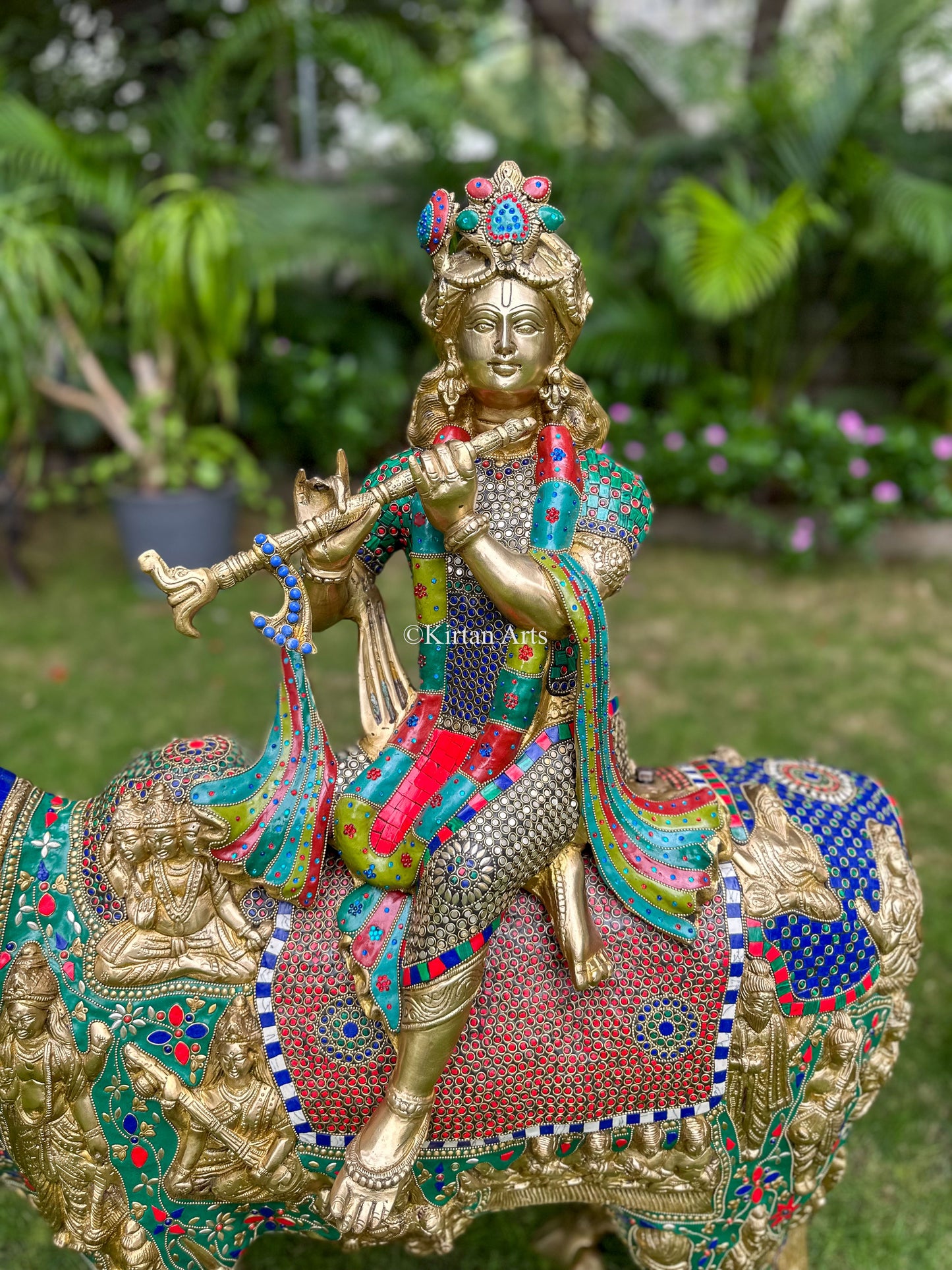 Brass Kamadhenu Cow and Calf w Lord krishna | Meenakari work | 3ft