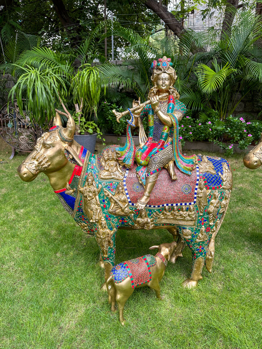 Brass Kamadhenu Cow and Calf w Lord krishna | Meenakari work | 3ft
