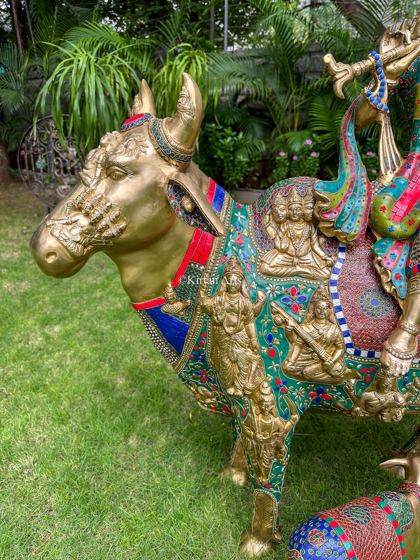 Brass Kamadhenu Cow and Calf w Lord krishna | Meenakari work | 3ft