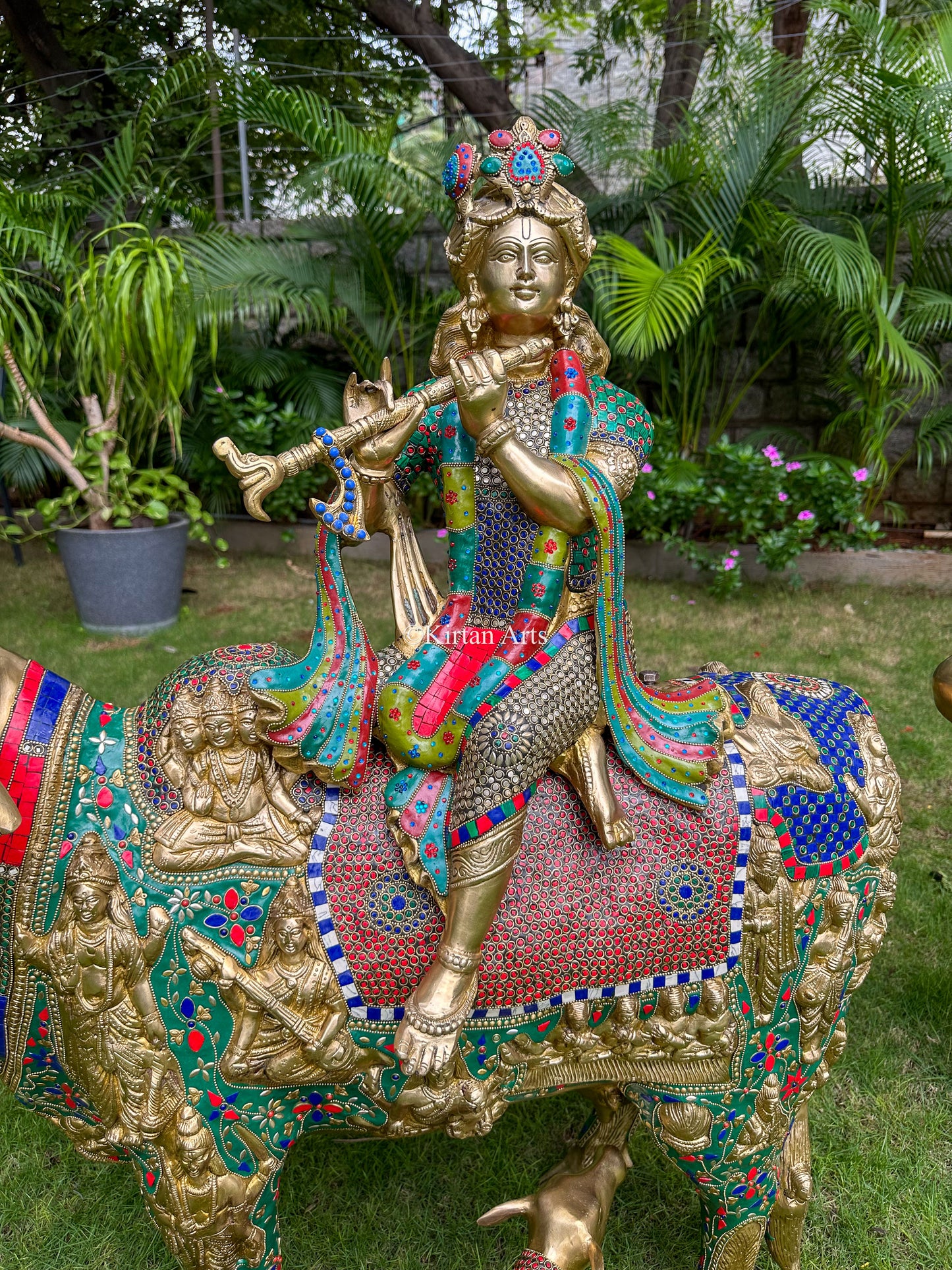 Brass Kamadhenu Cow and Calf w Lord krishna | Meenakari work | 3ft