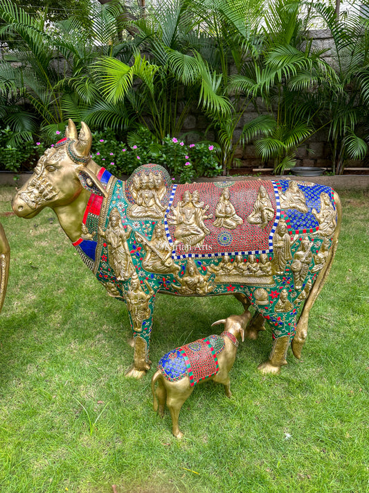Brass Kamadhenu Cow and Calf | Meenakari work | 3ft