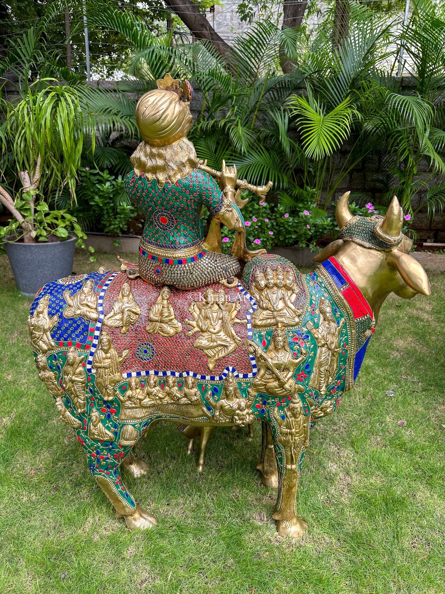 Brass Kamadhenu Cow and Calf w Lord krishna | Meenakari work | 3ft