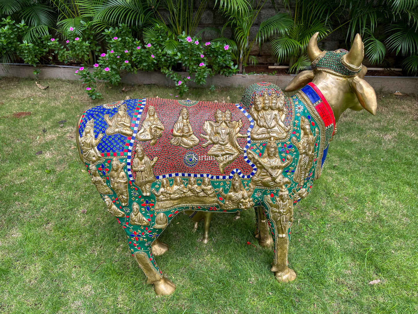 Brass Kamadhenu Cow and Calf | Meenakari work | 3ft