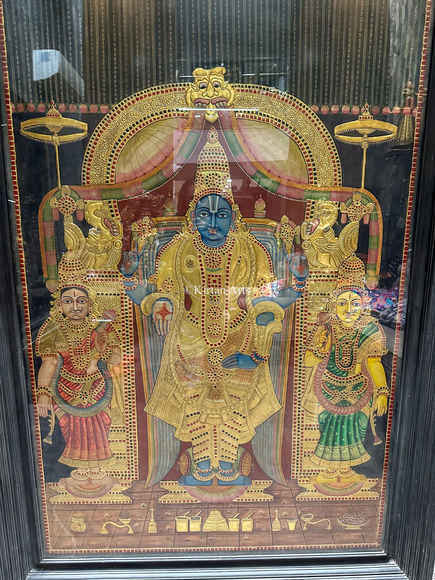 Lord Vishnu w Sridevi and Bhudevi Tanjore Painting | Antique Finish | 6x4ft | 22k Gold