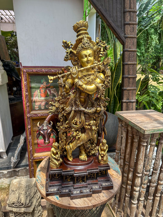 Brass Lord Krishna w Cow | Dual Tone | 28"
