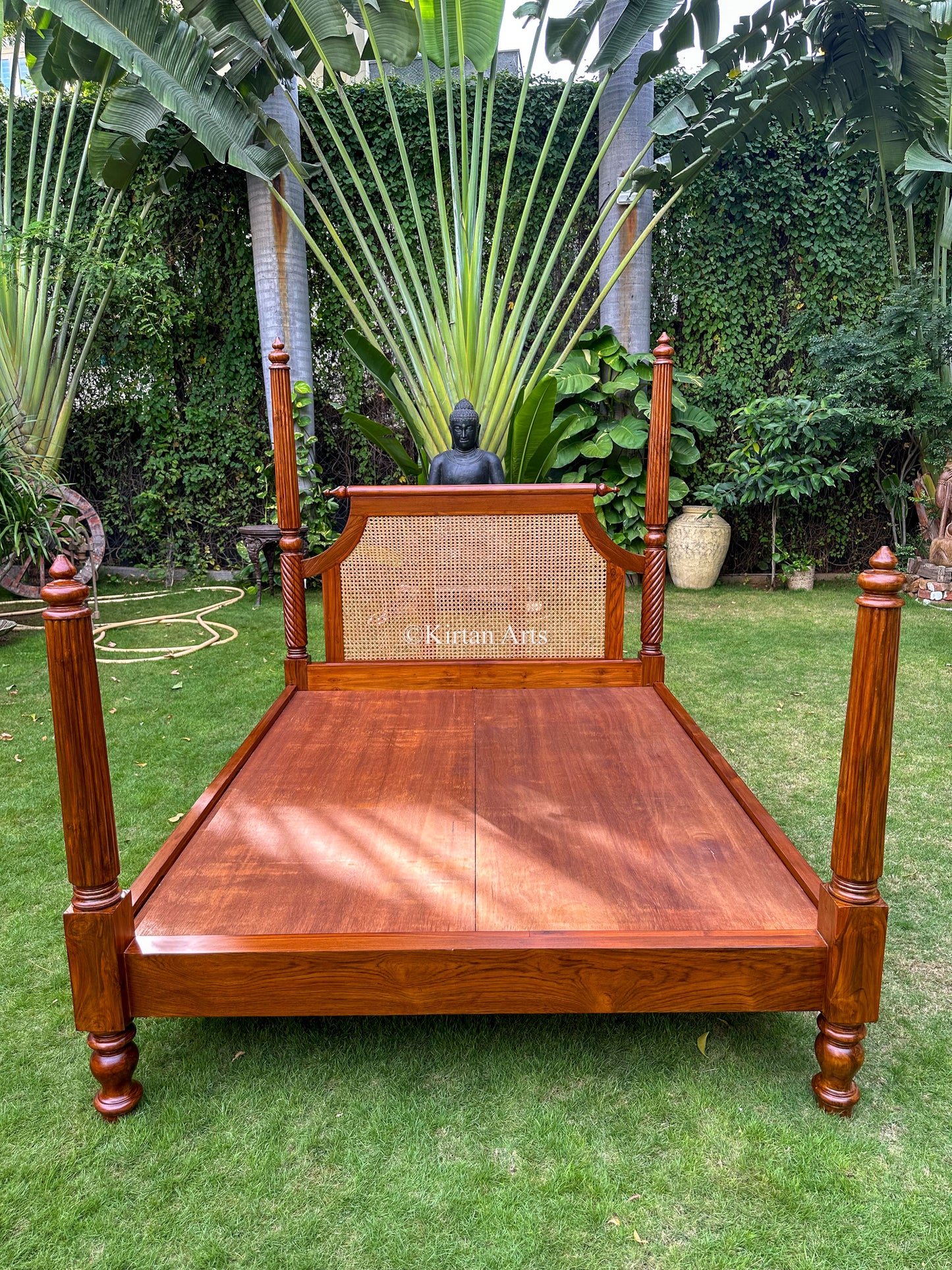 Teakwood Queen Poster Bed | Rattan Work | 6.6x5 ft