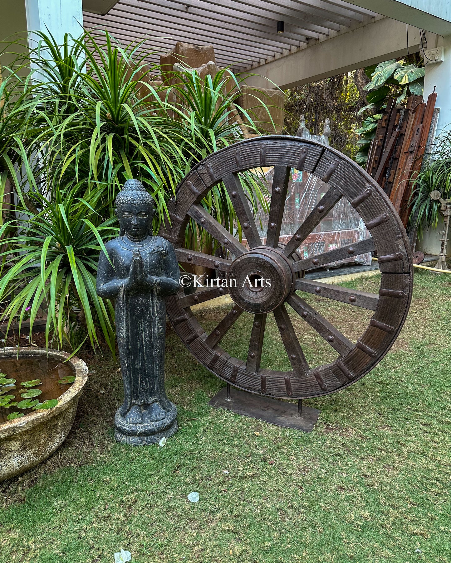 Wooden Wheel on Stand | Rustic Finish