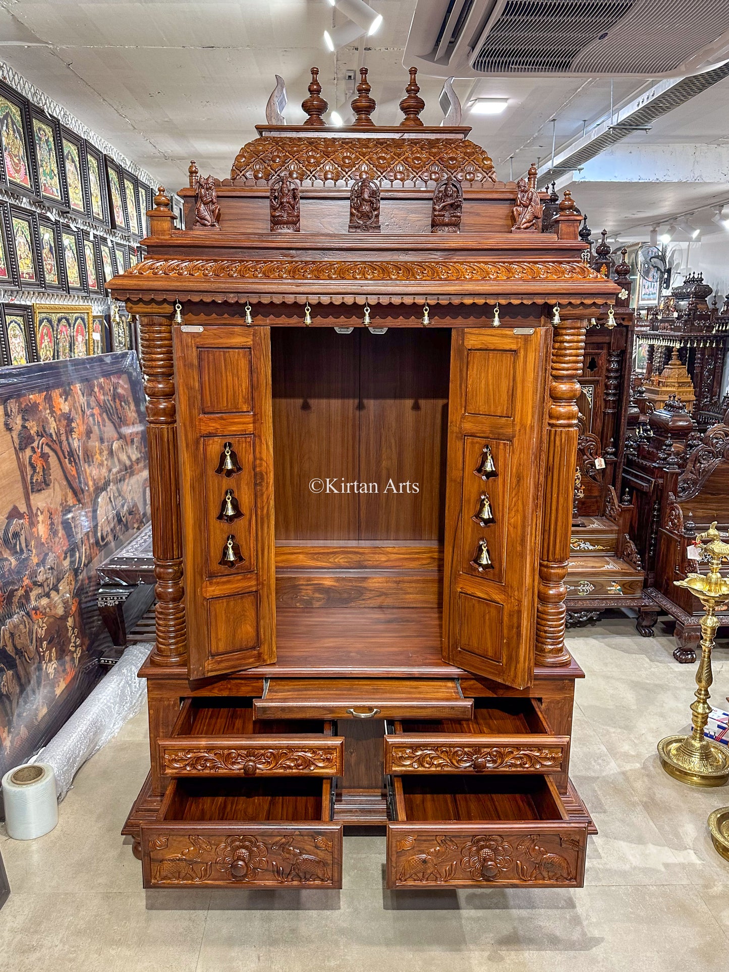 Teakwood Carved Mandir with Storage | 6.5x4x2 FT