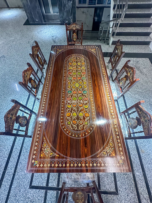 Rosewood Dining Table 8 Seater | Floral Inlay Pattern | 8x4 ft