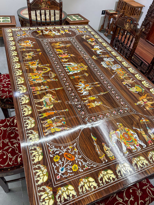Rosewood Dining Table Set | 6 Seater | Dussehra Procession Inlay | 6x3.5 ft