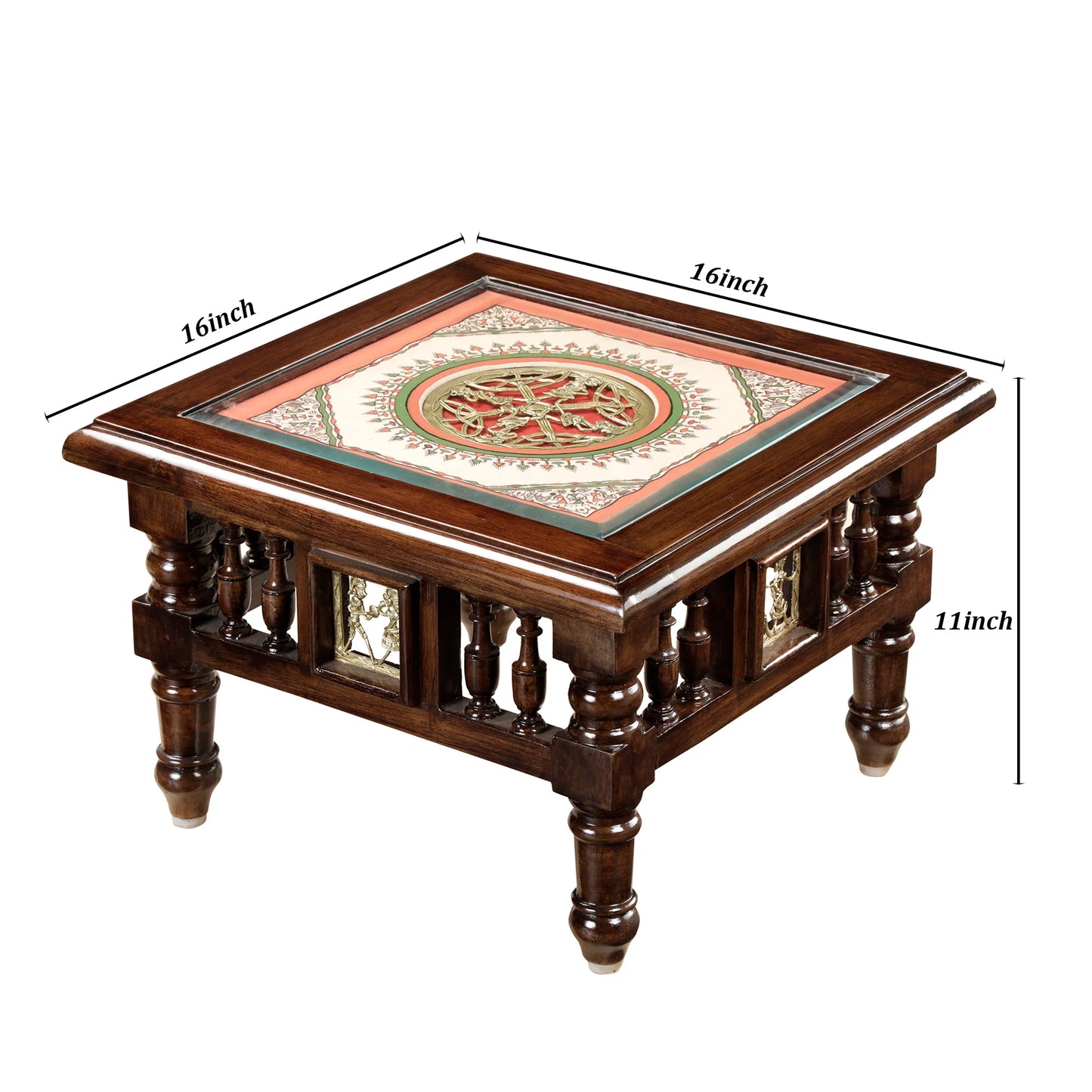 Mana Premium Teakwood Low Height End Table – 16-Inch Square Accent Stool with Warli & Dhokra Art