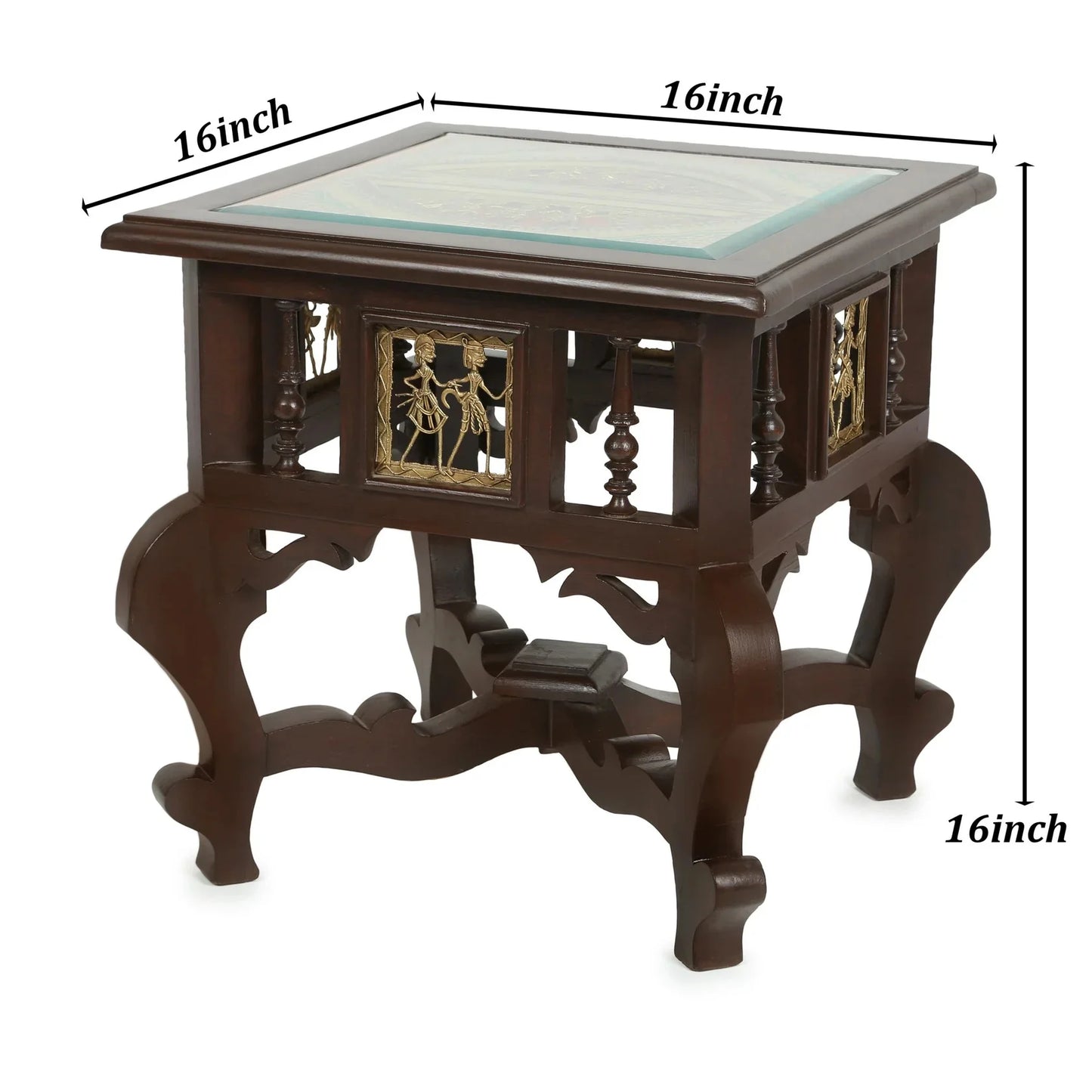 Munich Premium Teakwood 16-Inch Bedside Table – Oriental Legs with Warli & Dhokra Art