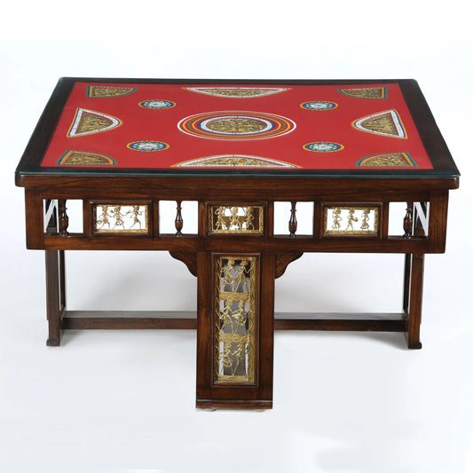 Osho Smart Premium Teakwood 4-Seater Coffee Table Set – 36-Inch Center Table with 4 Hideaway Puffy Stools (Warli & Dhokra Art)