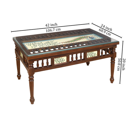 Peacock-I Solid Teakwood Rectangular Coffee Table – 42-Inch Traditional Walnut Finish Center Table with Hand-Painted Art and Turned Spindles