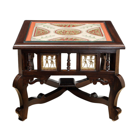 Tamas Solid Teakwood Square Coffee Table – 24-Inch Traditional Walnut Finish Center Table with Dhokra Metalcraft and Hand-Painted Art
