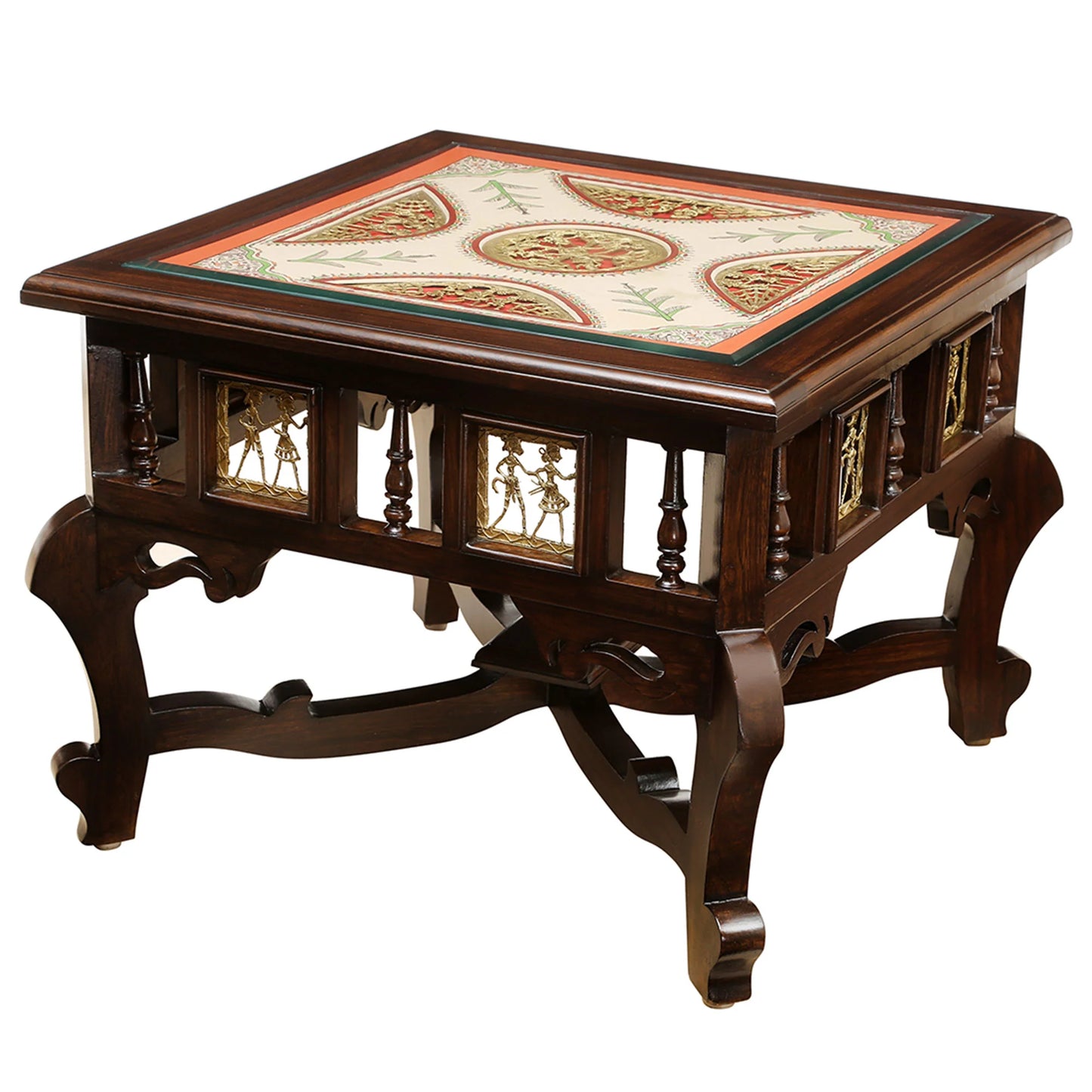 Tamas Solid Teakwood Square Coffee Table – 24-Inch Traditional Walnut Finish Center Table with Dhokra Metalcraft and Hand-Painted Art