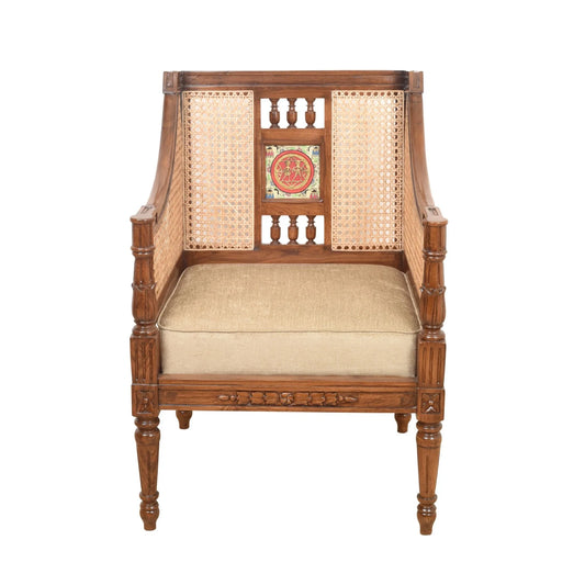 Single Seater Teakwood Sofa with Madhubani Art, Dhokra Brass, and Natural Cane | Orchid