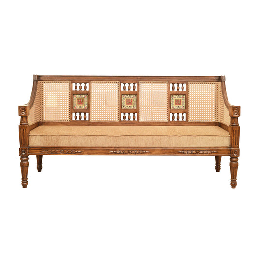 3 Seater Teakwood Sofa with Madhubani Art, Dhokra Brass, and Natural Cane | Tulip