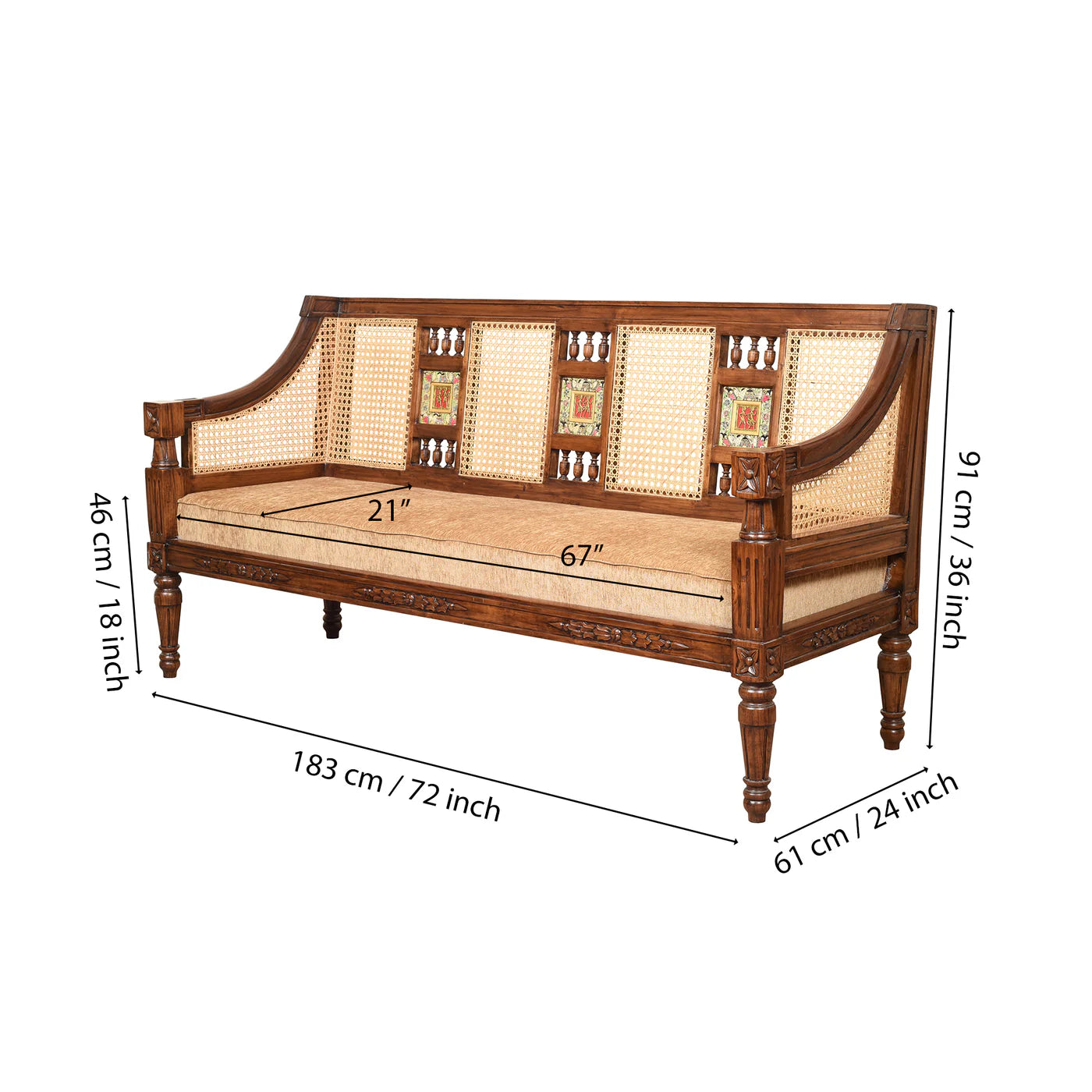 3 Seater Teakwood Sofa with Madhubani Art, Dhokra Brass, and Natural Cane | Tulip