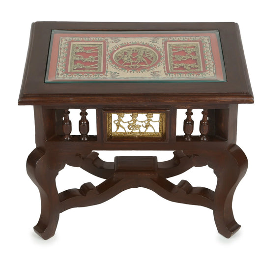 Yuge-II Premium Teakwood Low End Table – Rectangular Accent Stand with Warli & Dhokra Art