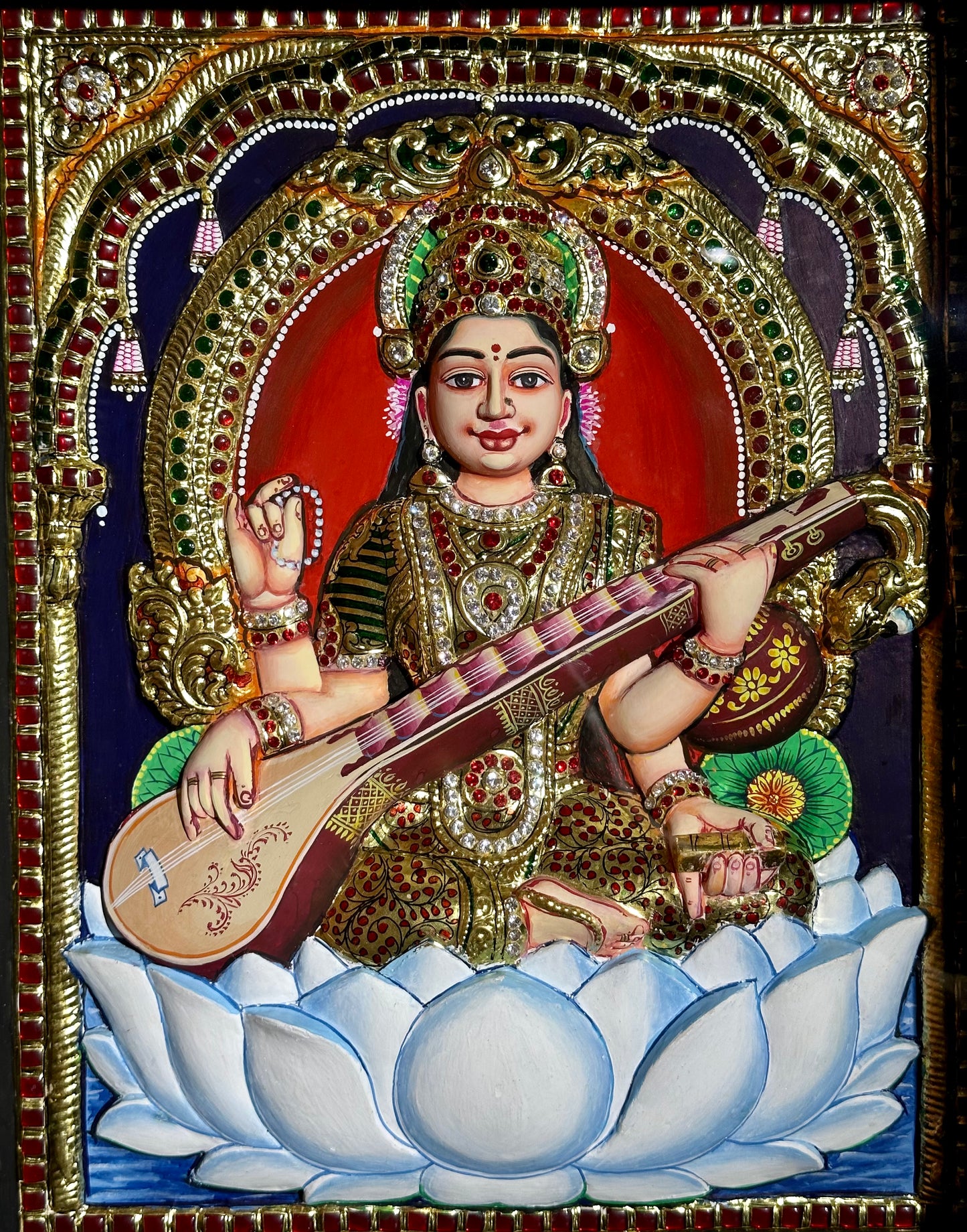 Tanjore Goddess Saraswati Embossed Painting 17"